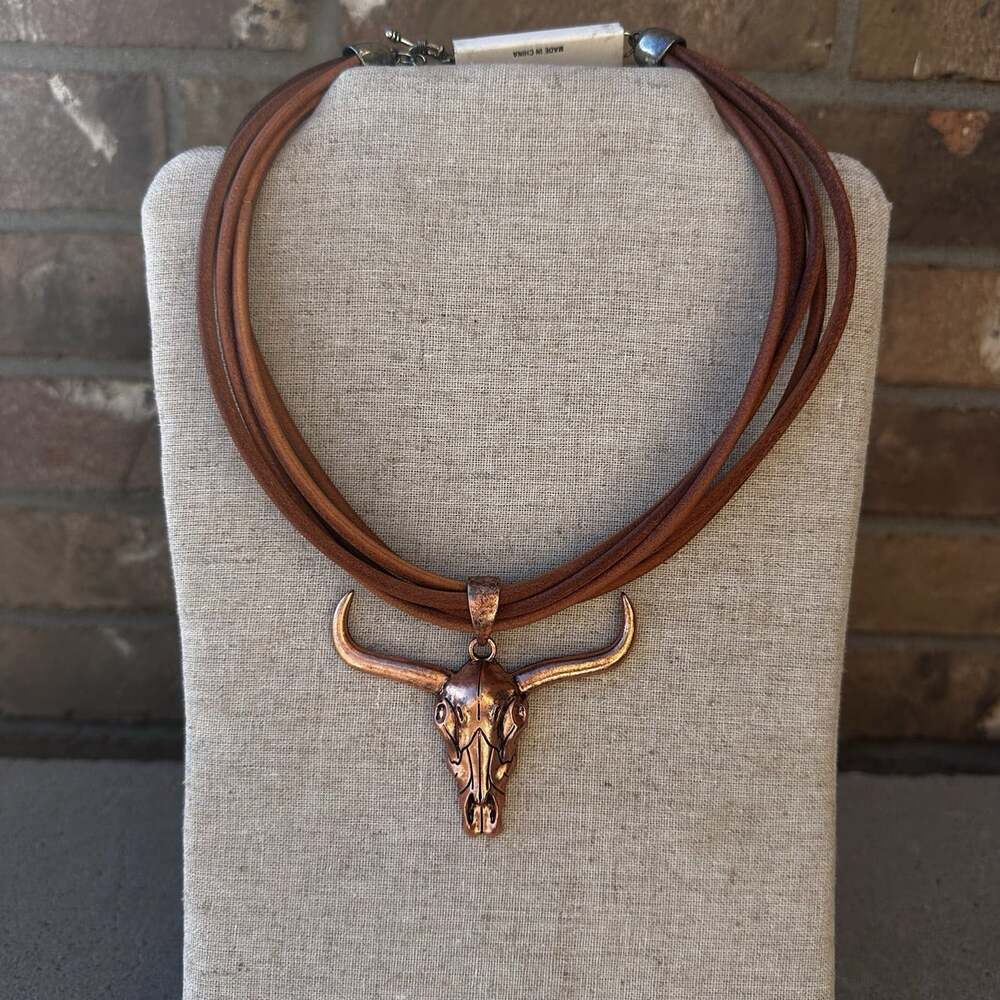Bull Steer Head Pendant Necklace Leather Cord Choker Copper Tone Rancher Jewelry